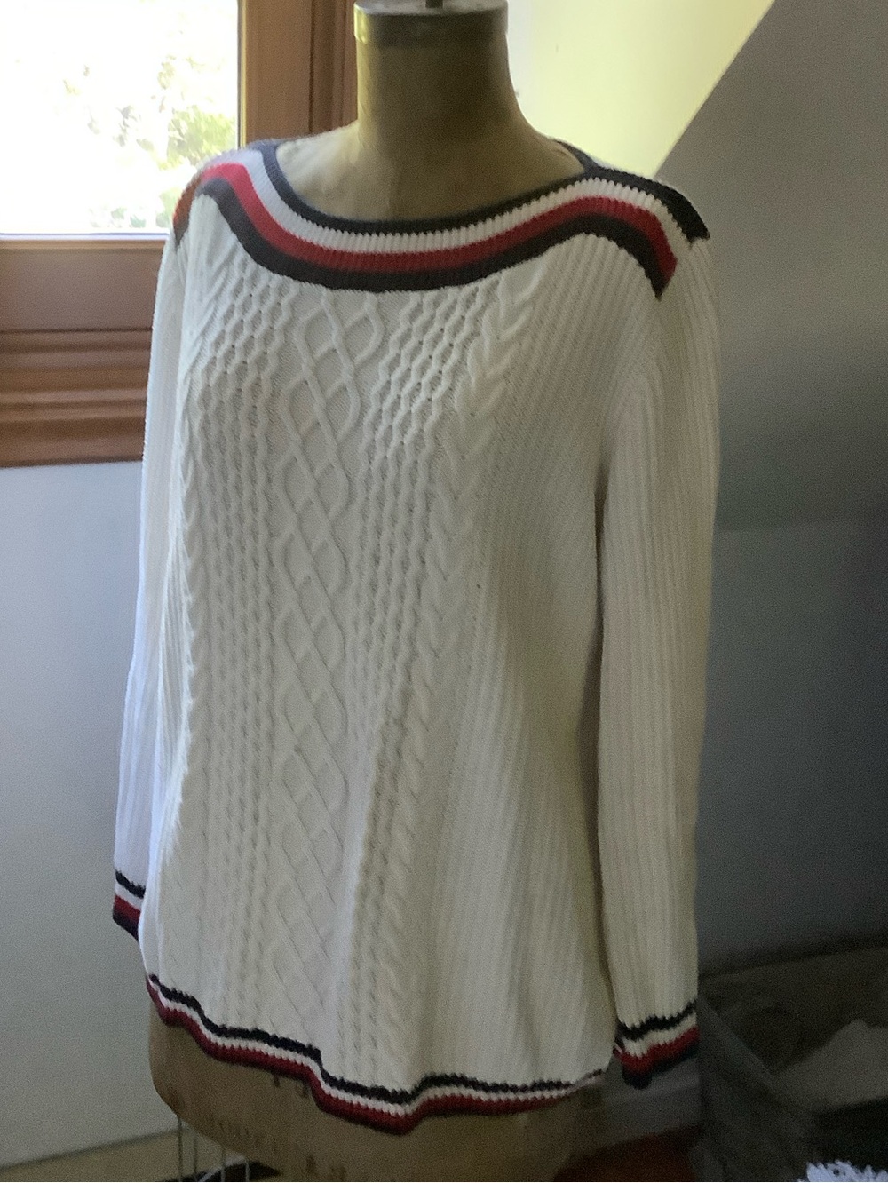 Tommy Hilfiger White Cable-Knit Sweater with Red & Navy Trim